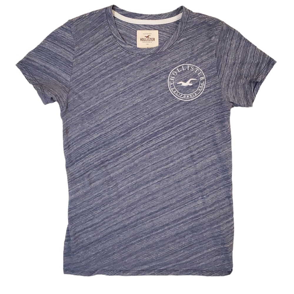 Hollister Women's Heather Blue Slim Fit Short Sleeve Circle Logo T-Shirt Small